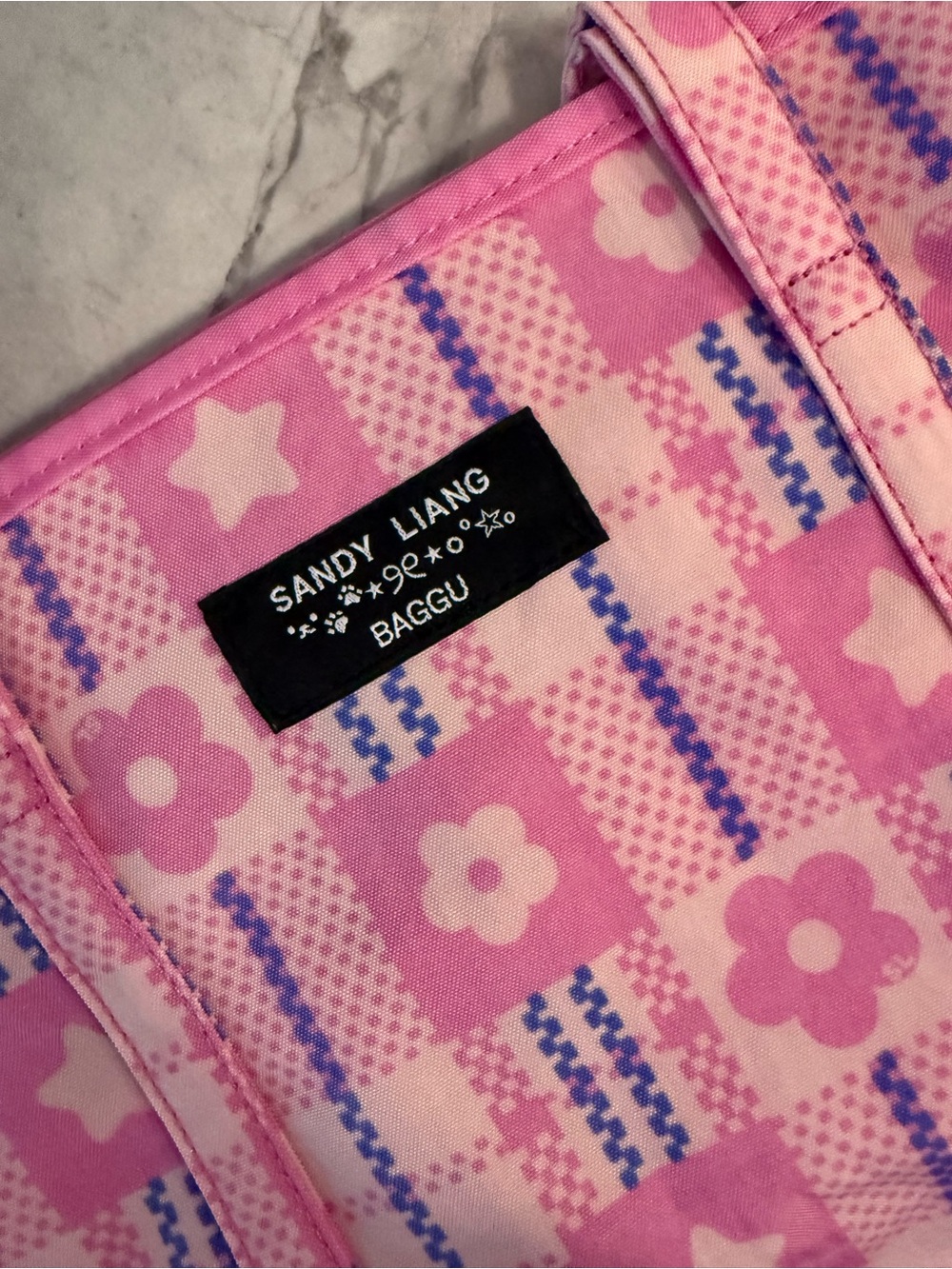 Sandy Liang x Baggu Pink Floral Checkered Tote Bag - Picture 3 of 3